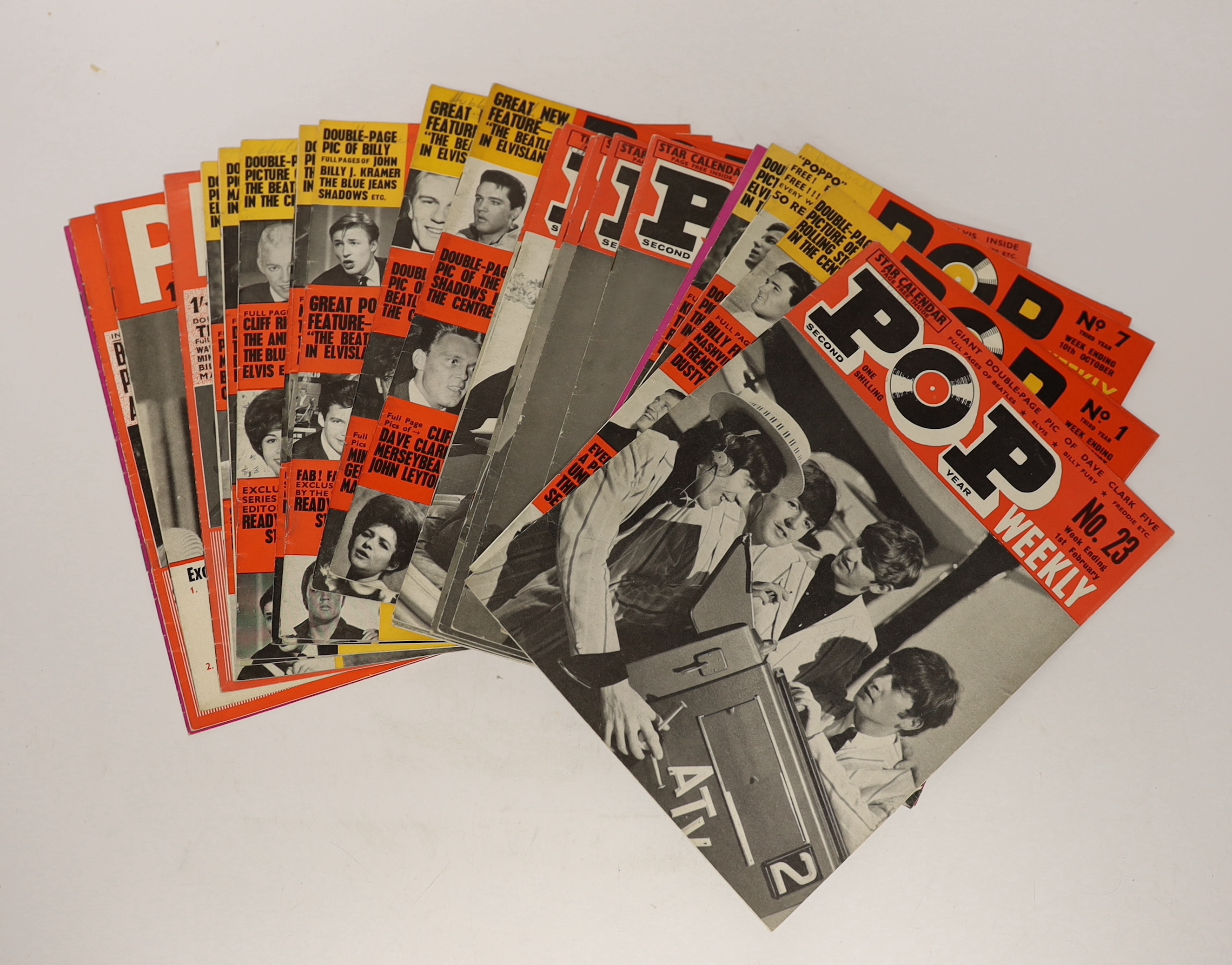 Twelve 1960's pop music annuals including, Pop Weekly Annual, Top Pop Stars, Boyfriend, Record Stars, et cetera. Together with a small quantity of pop weekly publications